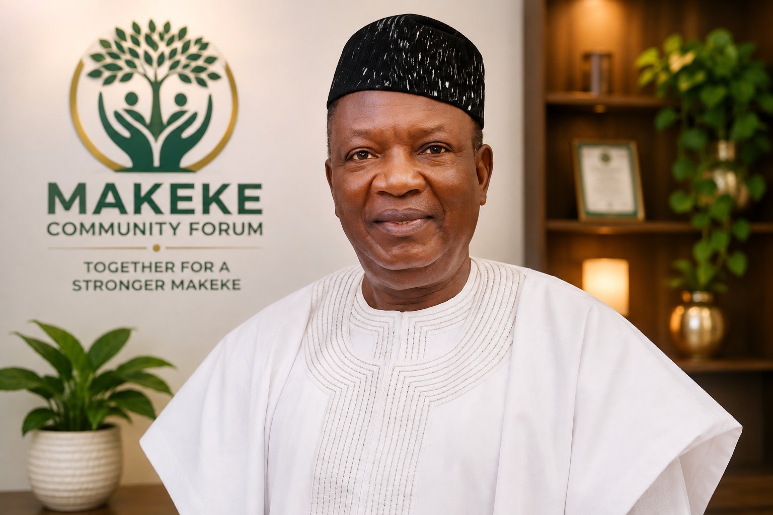 Portrait of Elder J.A Adeyemi in white agbada at the Makeke Community Forum office