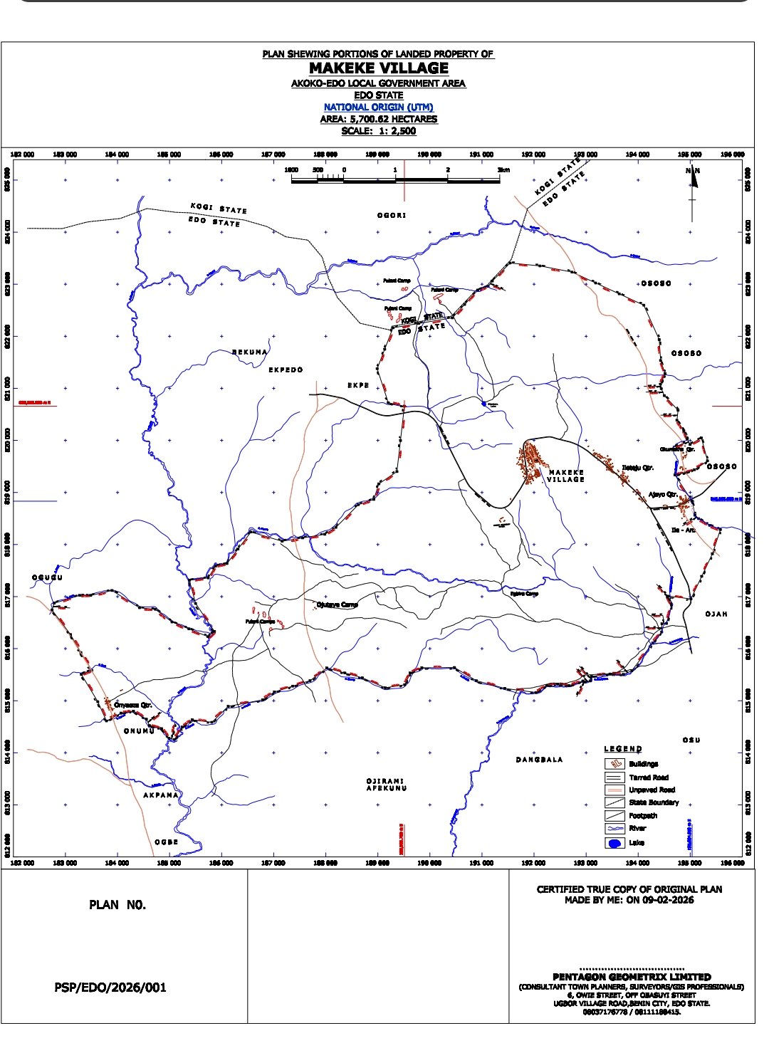Survey plan of Makeke Village showing community boundaries, roads, waterways and UTM coordinates.