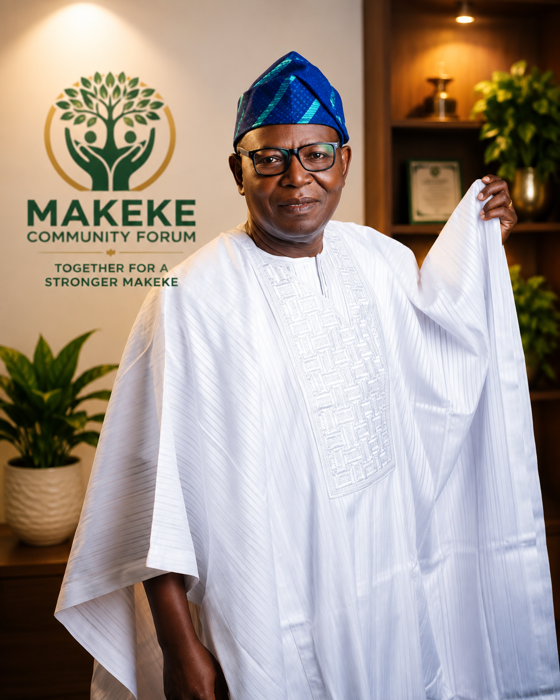Portrait of Barr. J. B Agbogun in white agbada at the Makeke Community Forum office
